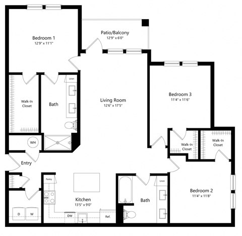 Three Bedroom Floor Plan | 1,433 Sq. Ft. at The Morgan Luxury Apartments in Orlando FL